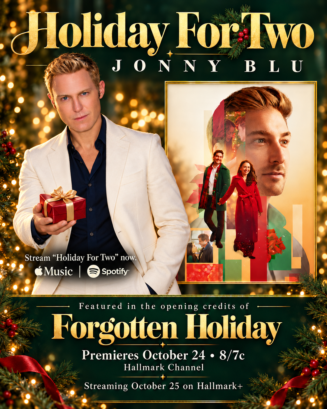 Jonny Blu holding a red gift beside the Forgotten Holiday poster, surrounded by Christmas lights and evergreen branches.